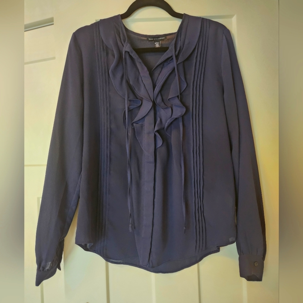 Saks 5th Avenue Navy Blue Blouse M Tie Neck Ruffle shirt Coquette Dark Academia